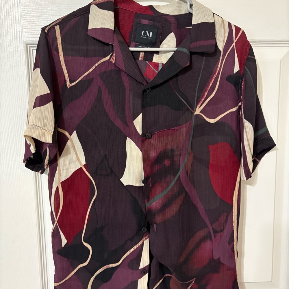 Casual Red and Cream Button Down Shirt with Modern Artistic Flair